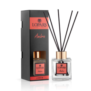 Lopars Amber 100 ml bambu çubuklu oda kokusu şişesi, sıcak ve lüks amber aromalı ortam kokusu.