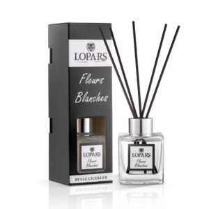 Lopars Beyaz Çiçekler 100 ml bambu çubuklu oda kokusu şişesi, hafif çiçek aromalı lüks ortam kokusu.