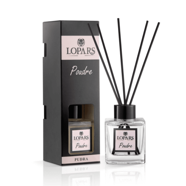 Lopars Pudra 100 ml bambu çubuklu oda kokusu şişesi, yumuşak pudra aromalı lüks ortam kokusu.