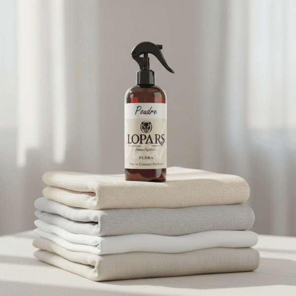 LOPARS Pudra 500 ml tekstil parfümü beyaz arka plan profesyonel ürün çekimi