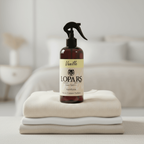 LOPARS Vanilya 500 ml tekstil parfümü beyaz arka plan profesyonel ürün çekimi