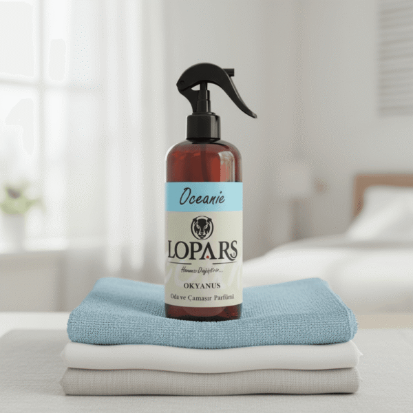 LOPARS Okyanus 500 ml tekstil parfümü beyaz arka plan profesyonel ürün çekimi