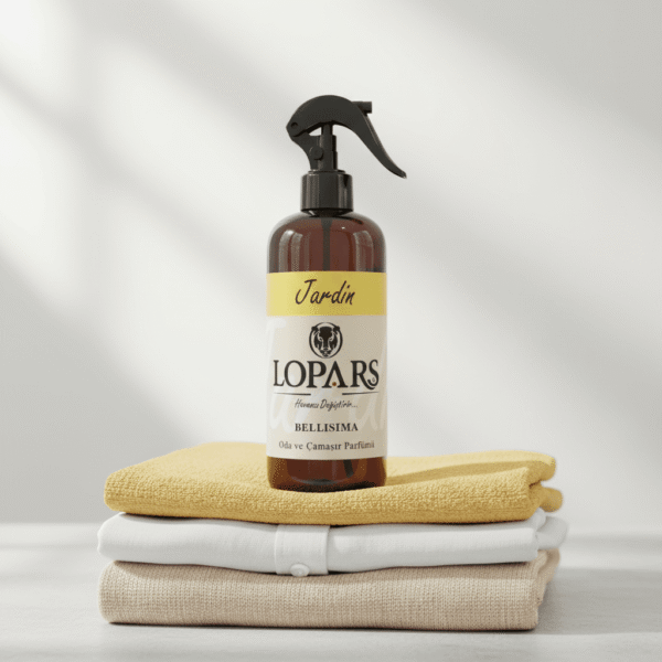 LOPARS Bellisima Jardin 500 ml tekstil parfümü beyaz arka plan profesyonel ürün çekimi