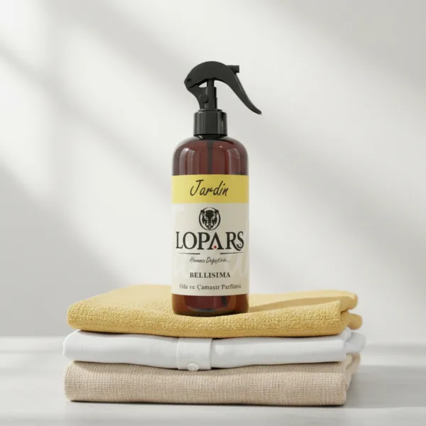 LOPARS Bellisima Jardin 500 ml tekstil parfümü beyaz arka plan profesyonel ürün çekimi