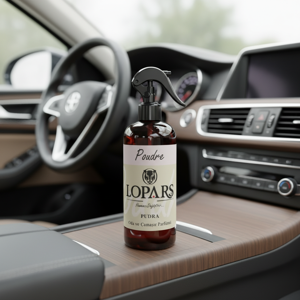 LOPARS Pudra 500 ml araç parfümü beyaz arka plan profesyonel ürün çekimi