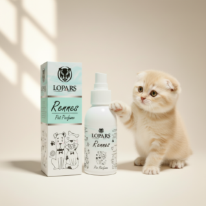 LOPARS Rennes 100 ml kedi kötü koku giderici pet parfümü beyaz arka plan profesyonel ürün çekimi