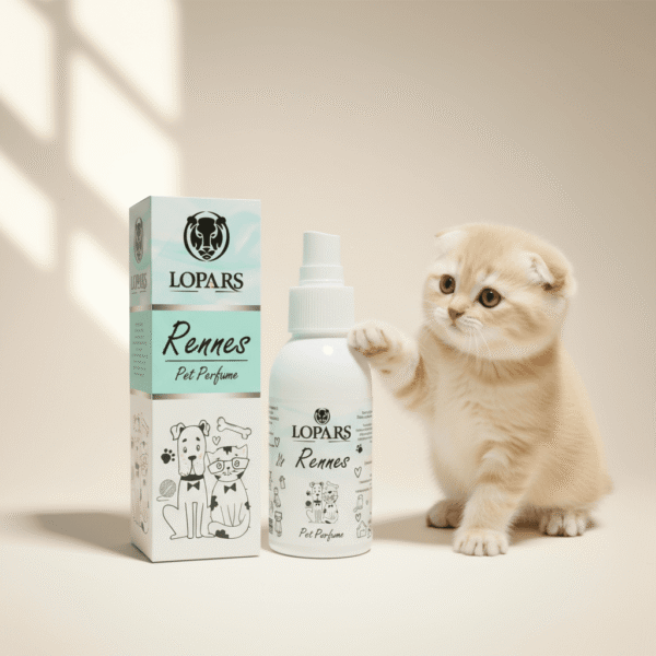 LOPARS Rennes 100 ml kedi kötü koku giderici pet parfümü beyaz arka plan profesyonel ürün çekimi