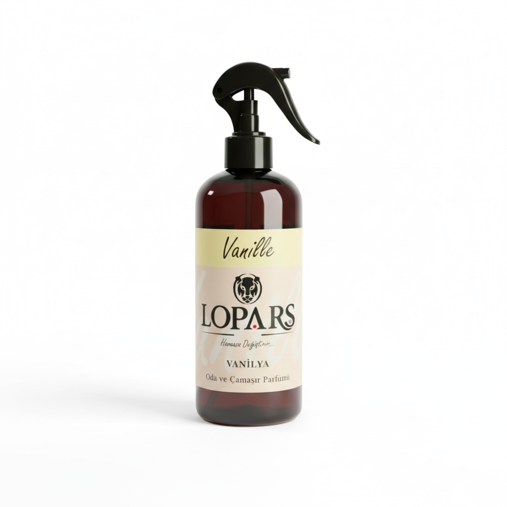 LOPARS Vanilya 500 ml sprey oda parfümü beyaz arka plan profesyonel ürün fotoğrafı