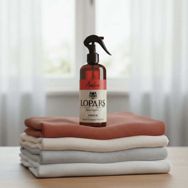 LOPARS Amber 500 ml tekstil parfümü beyaz arka plan profesyonel ürün çekimi