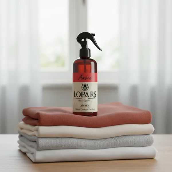 LOPARS Amber 500 ml tekstil parfümü beyaz arka plan profesyonel ürün çekimi
