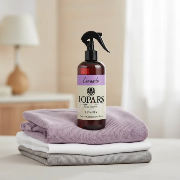 LOPARS Lavanta 500 ml tekstil parfümü beyaz arka plan profesyonel ürün çekimi