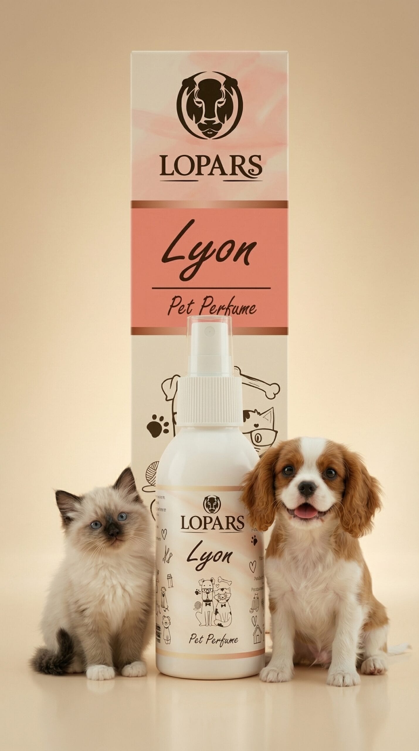 Lopars Lyon 100 ml kedi ve köpek pet parfümü ürün şişesi ve kutusu yanında sevimli yavru kedi ve yavru köpek bulunan ürün görseli