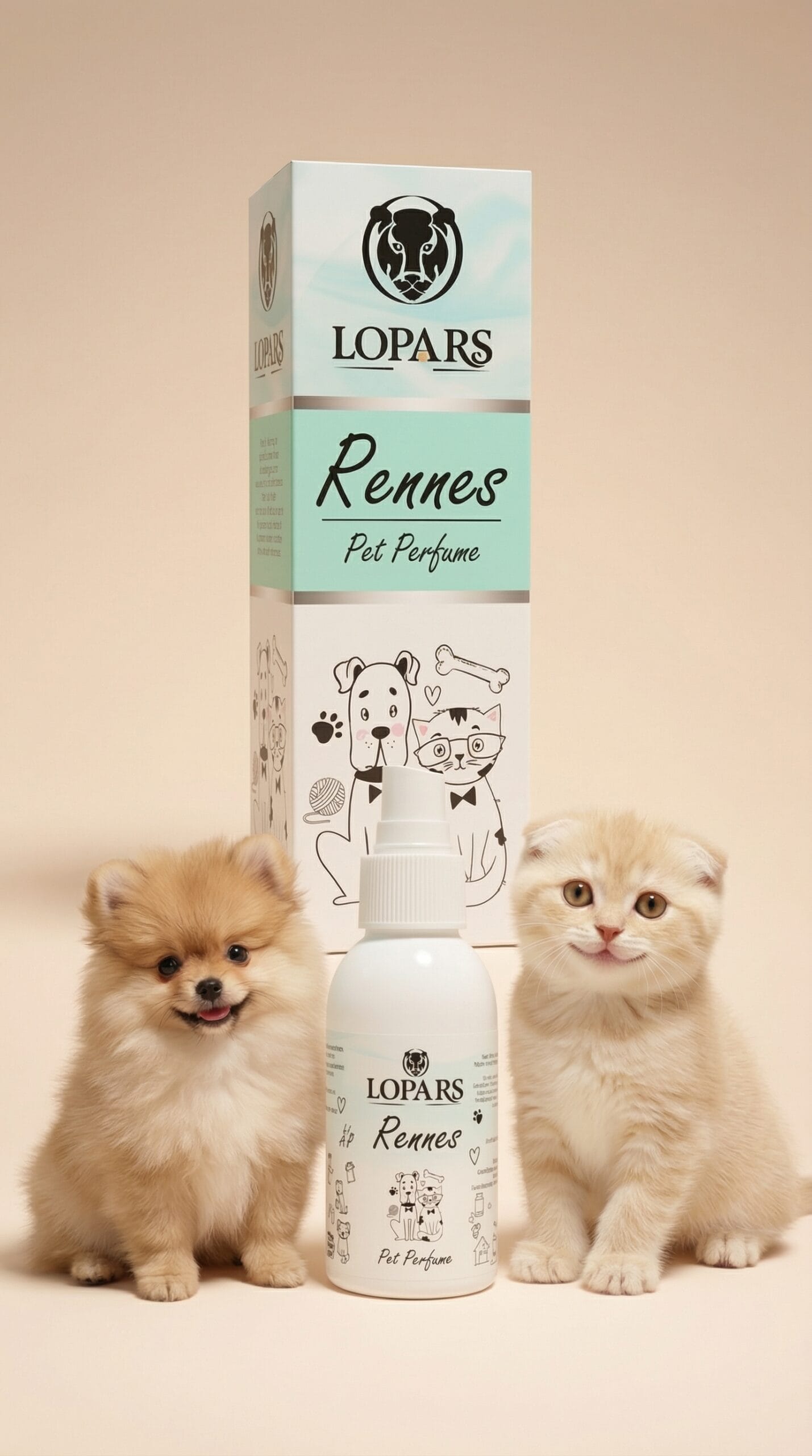 Lopars Rennes 100 ml kedi ve köpek pet parfümü şişesi ve kutusu yanında sevimli yavru kedi ile ürün görseli