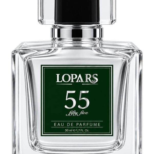 LOPARS 55 erkek parfümü 50 ml Eau de Parfum şişesi, koyu yeşil etiket ve gümüş detaylar