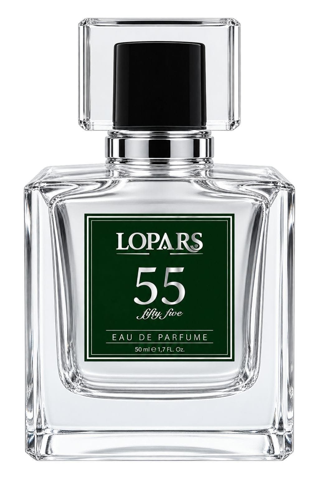 LOPARS 55 erkek parfümü 50 ml Eau de Parfum şişesi, koyu yeşil etiket ve gümüş detaylar