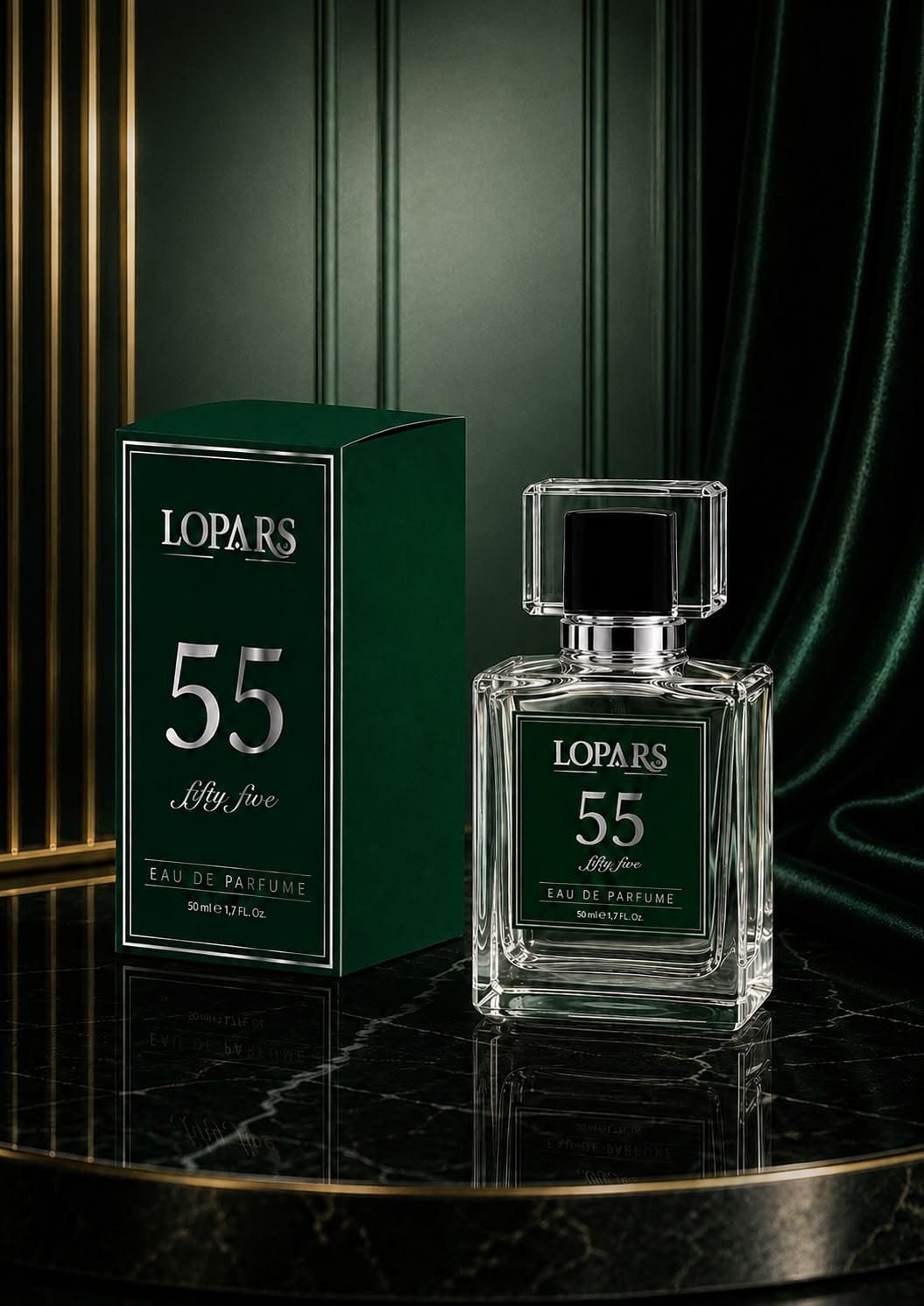 LOPARS 55 erkek parfümü 50 ml şişe ve kutu, koyu yeşil tasarım ve gümüş detaylar