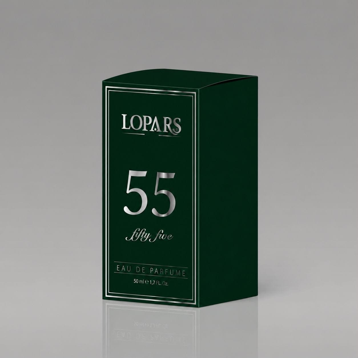 LOPARS 55 erkek parfümü 50 ml koyu yeşil kutu, gümüş logo ve 55 numarası