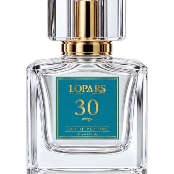 LOPARS 30 niche parfüm 50 ml Eau de Parfum şişesi, turkuaz etiket ve altın detaylar