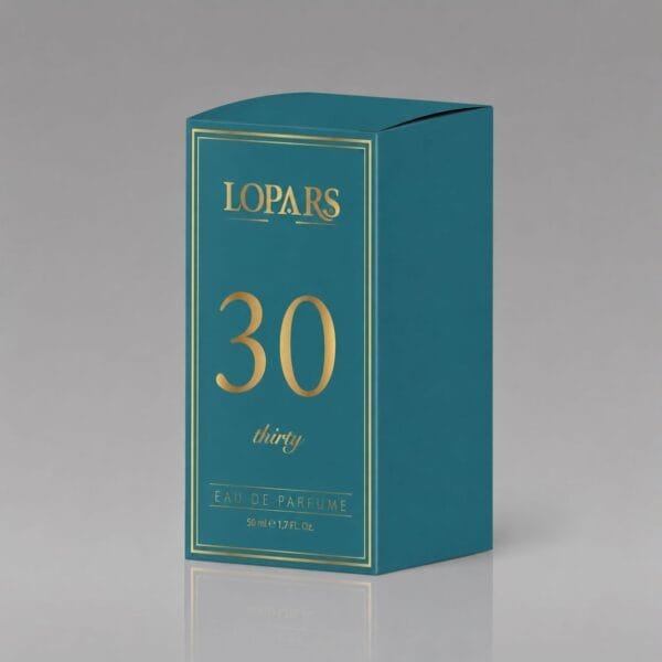 LOPARS 30 Eau de Parfum 50 ml turkuaz parfüm kutusu, altın logo ve 30 numarası