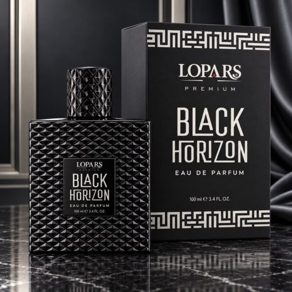 Lopars Premium Black Horizon 100 ml erkek EDP parfüm şişesi ve siyah kutusu
