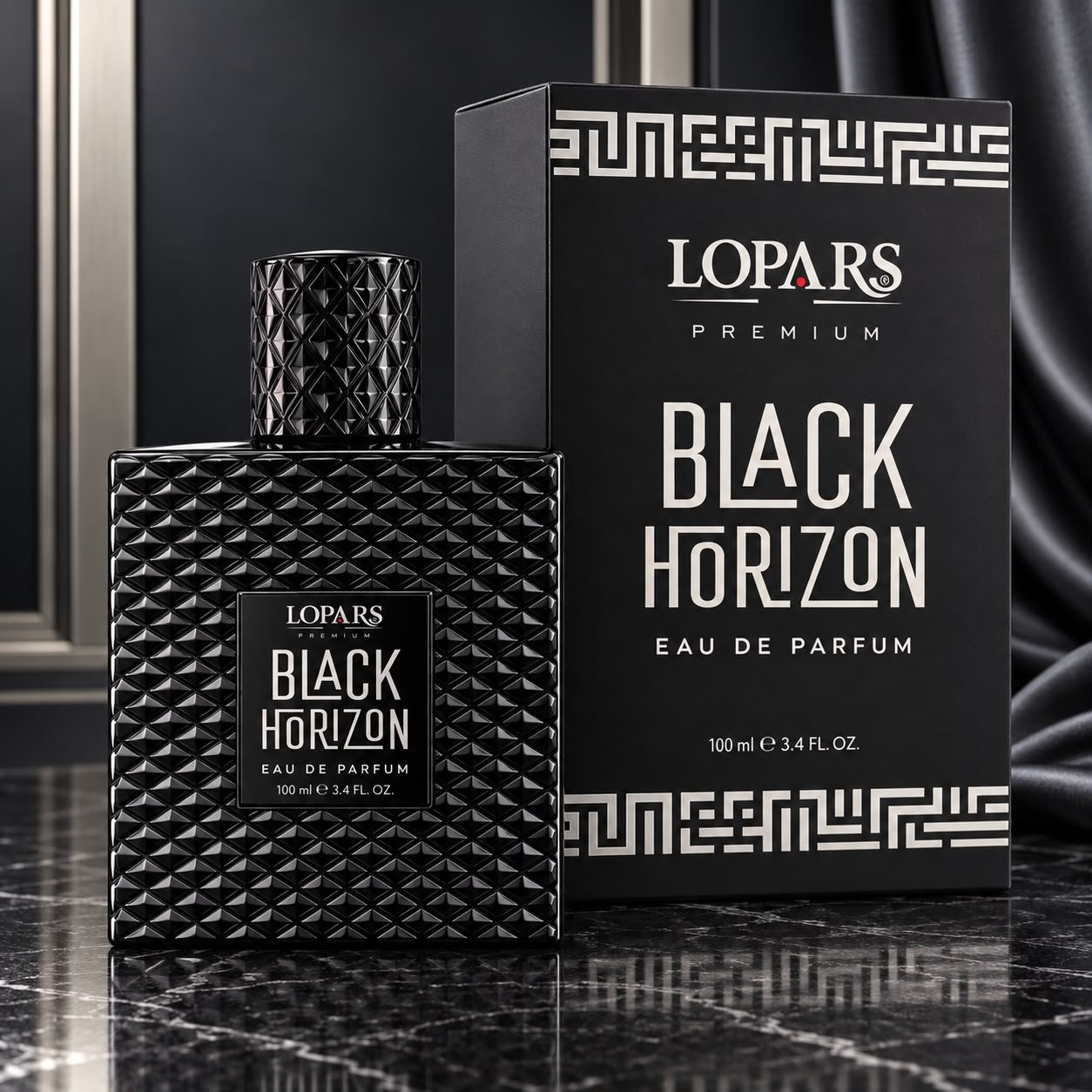 Lopars Premium Black Horizon 100 ml erkek EDP parfüm şişesi ve siyah kutusu