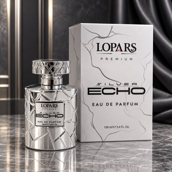Lopars Premium Silver Echo erkek parfümü 100 ml EDP şişesi ve kutusuyla birlikte