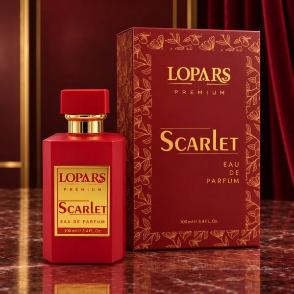 Lopars Premium Scarlet 100 ml kadın EDP parfüm şişesi ve kutusu