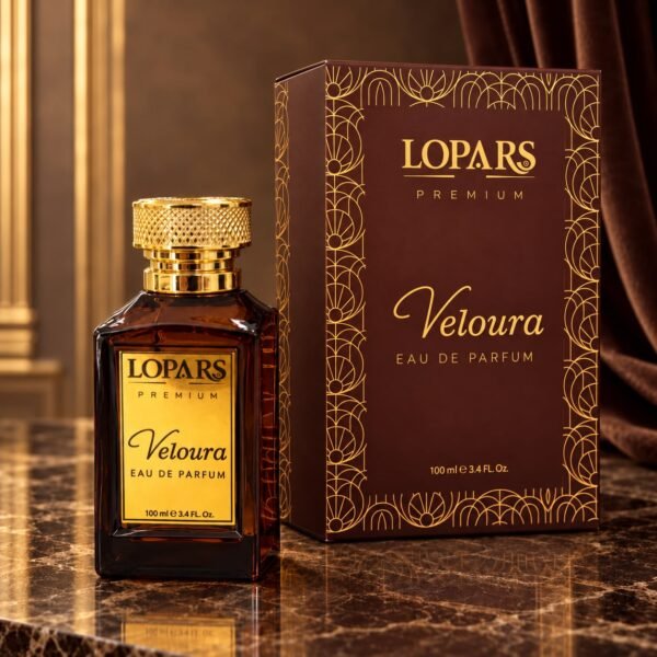 Lopars Premium Veloura 100 ml unisex EDP parfüm şişesi ve kutusu
